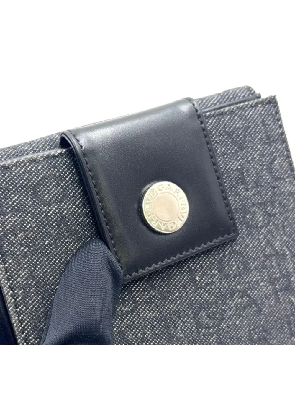 Bvlgari Lettere Logo Mania Leather Denim Navy Black Bifold Wallet Silver